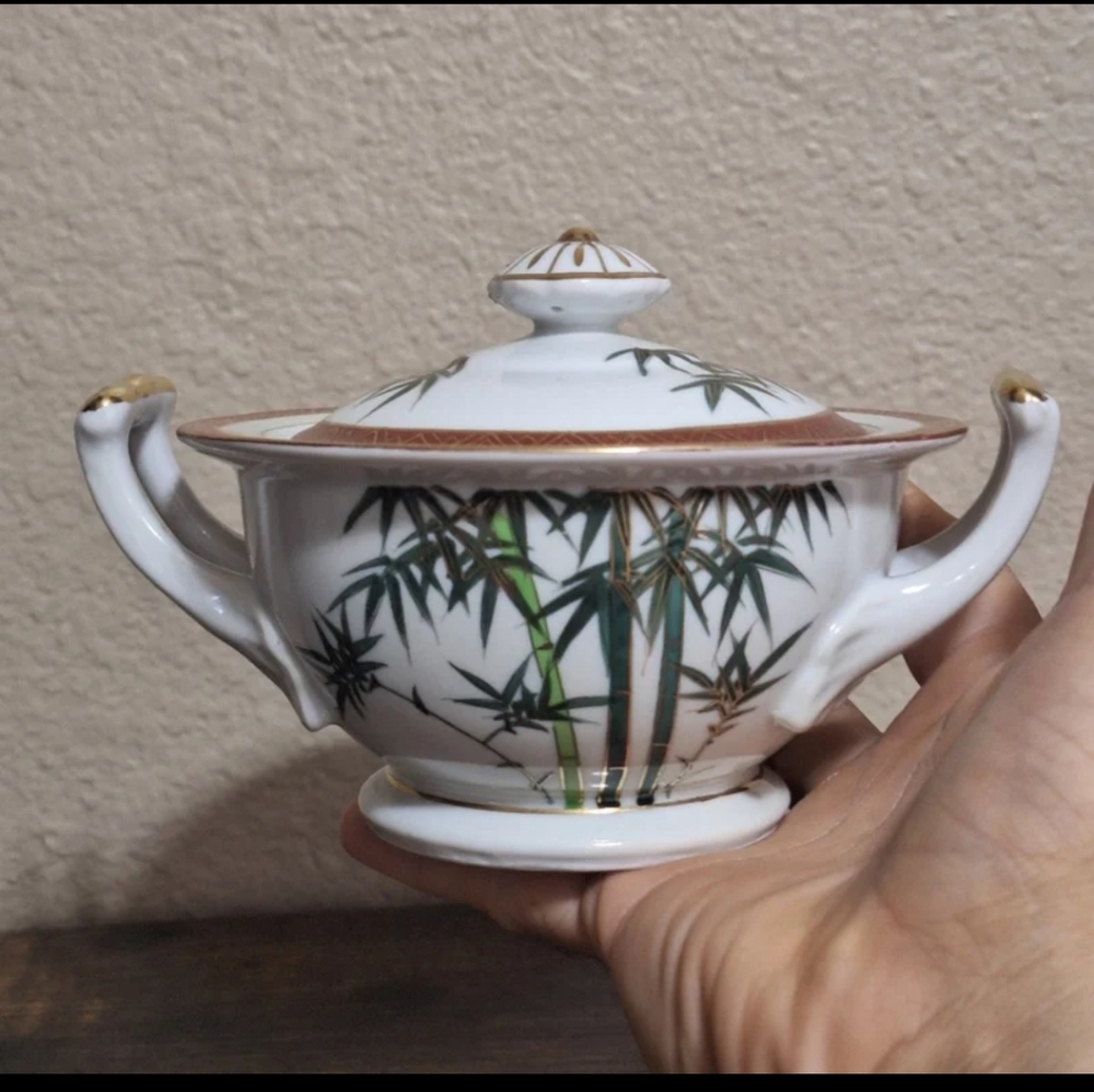 Vintage Hakusan China 1950s/60s Golden Bamboo & Burgundy White Sugar Bowl/Bowl.
